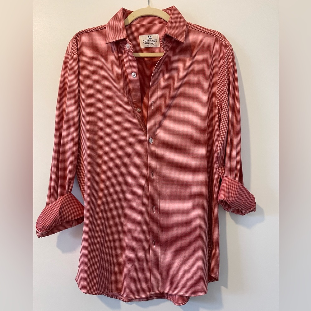 Mizzen+Main Red Men’s Trim Fit comfy button down shirt medium M plaid texture